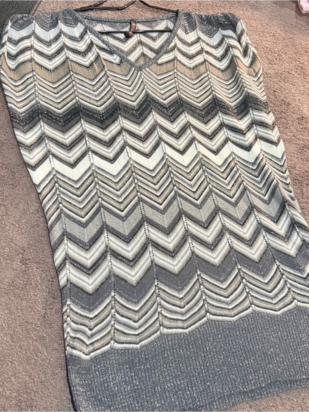 V-Neck Chevron Knit Sweater Tunic/Dress in Gray & Cream - Sparkles and Shimmers